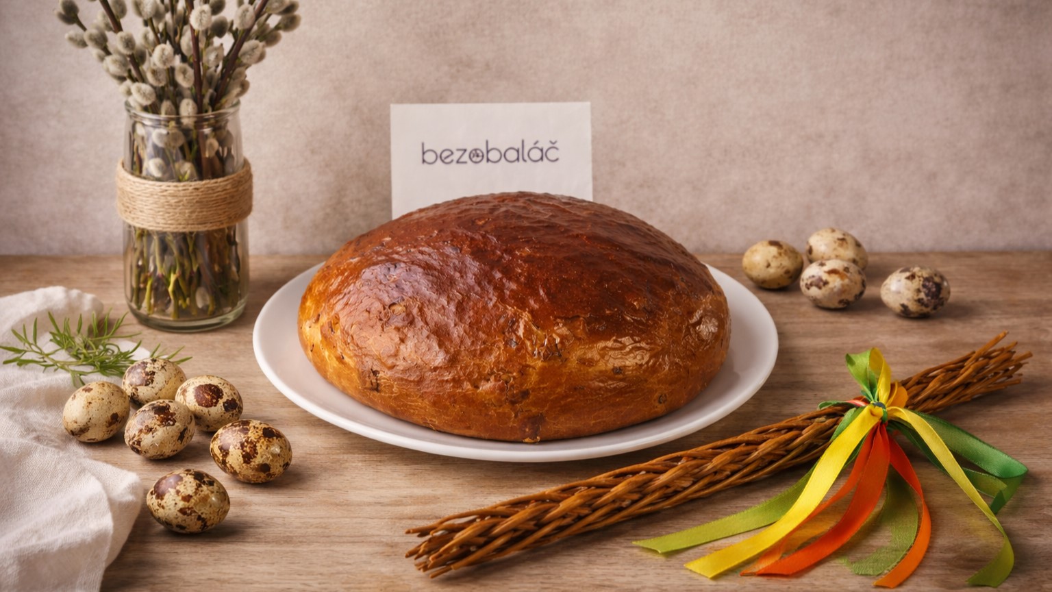 Domácí velikonoční mazanec ze surovin ze zlínského Bezobaláče, na talíři s pomlázkou, přírodními kraslicemi a kočičkami v rustikálním prostředí